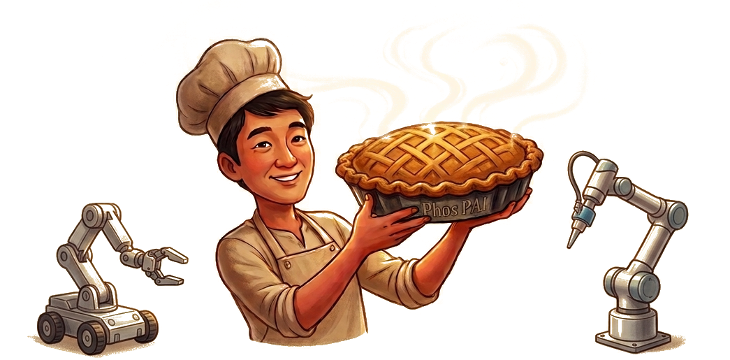 Phos PAI chef holding a pie, flanked by two robots